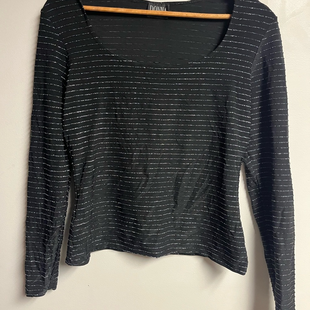 Donna Black Metallic Stripe Long Sleeve Stretch Top - No Size